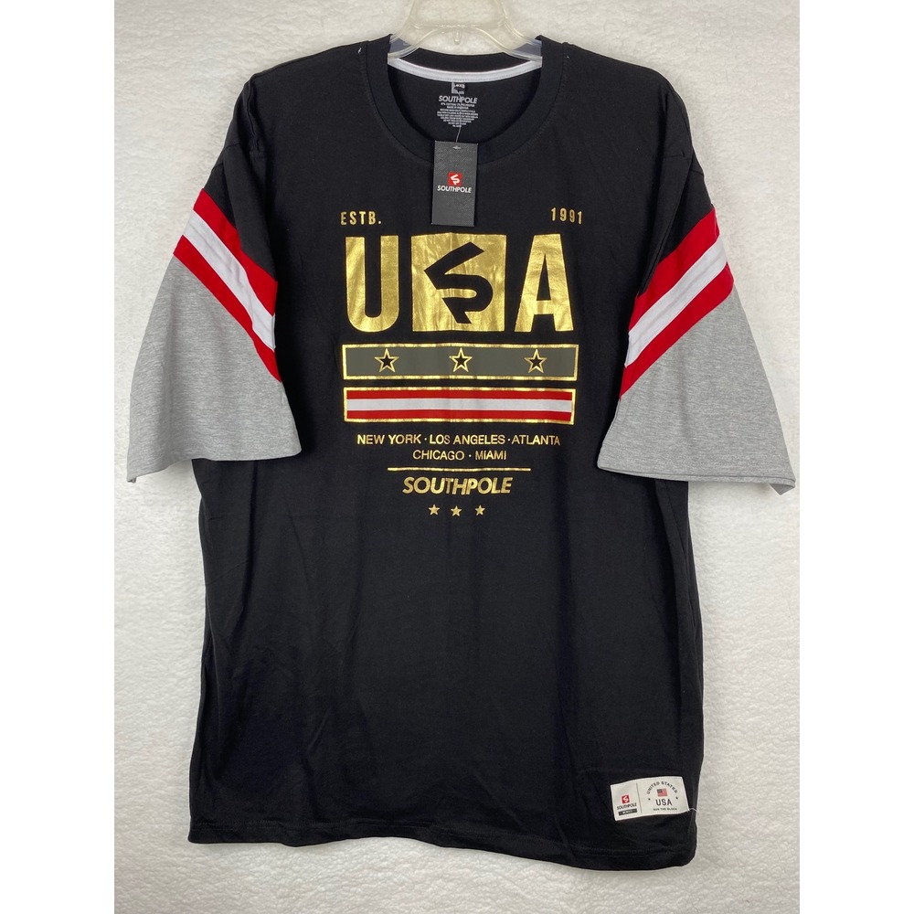 Southpole Mens 3XB T-Shirt Black Gold USA Graphic Varsity Stripe New With Tags